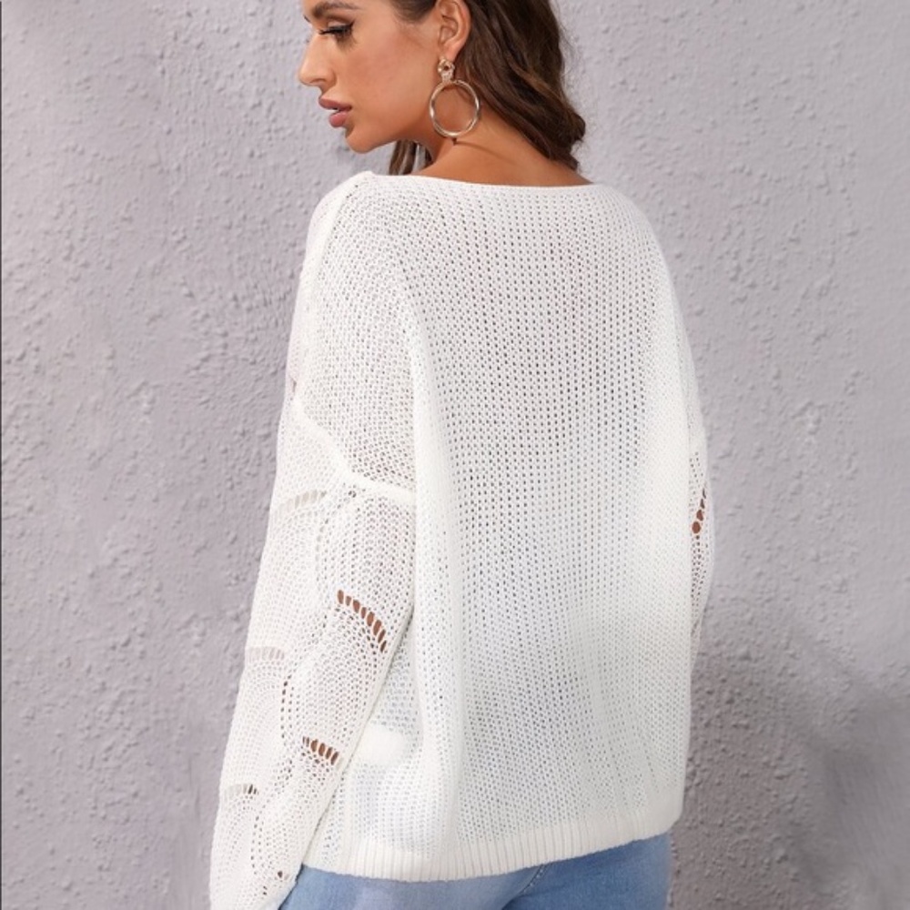 Boho White Knit Oversized Scallop Hem Sweater - Picture 3 of 5